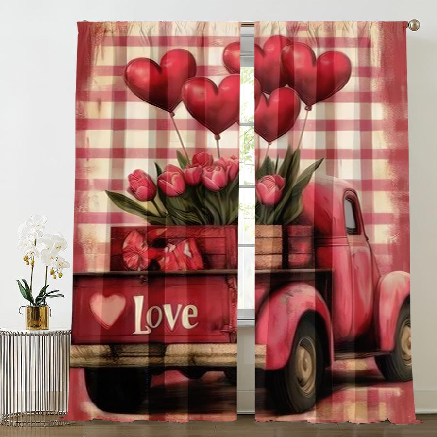 Red White Grid Retro Love Truck Curtains American Romantic Style Bedroom Living Room Drawbar Pocket Decoration Curtain Set Of 2 Made Polyester