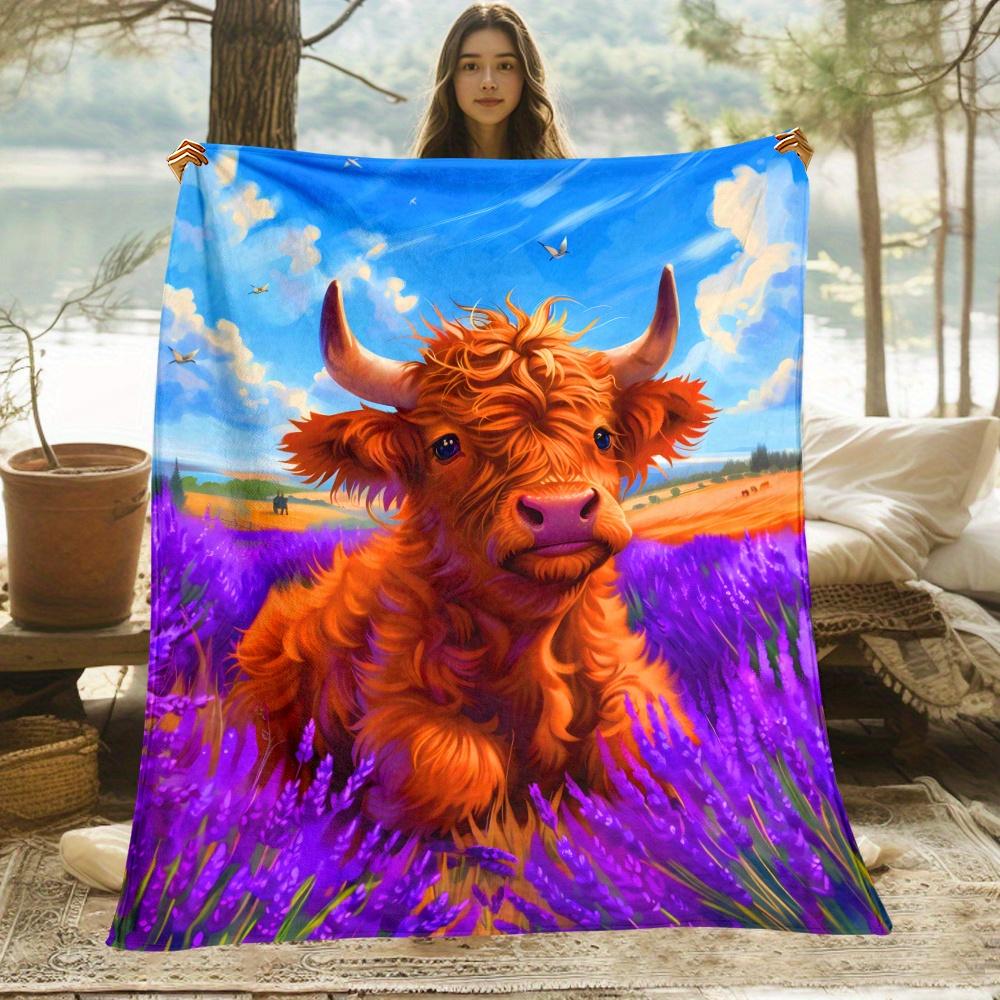 

Colorful Highland Cow in Lavender Field Flannel Blanket Scottish Farm Animal Art Bright Landscape Print Soft Warm Throw for Home 75x100cm (30x40inch)
