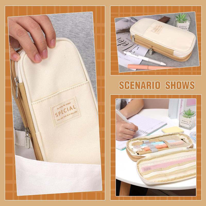Cute Canvas Pencil Case Student Color Block Stationery Storage Bag Multifunctional Large Capacity Pen Bag Organizer Pouch