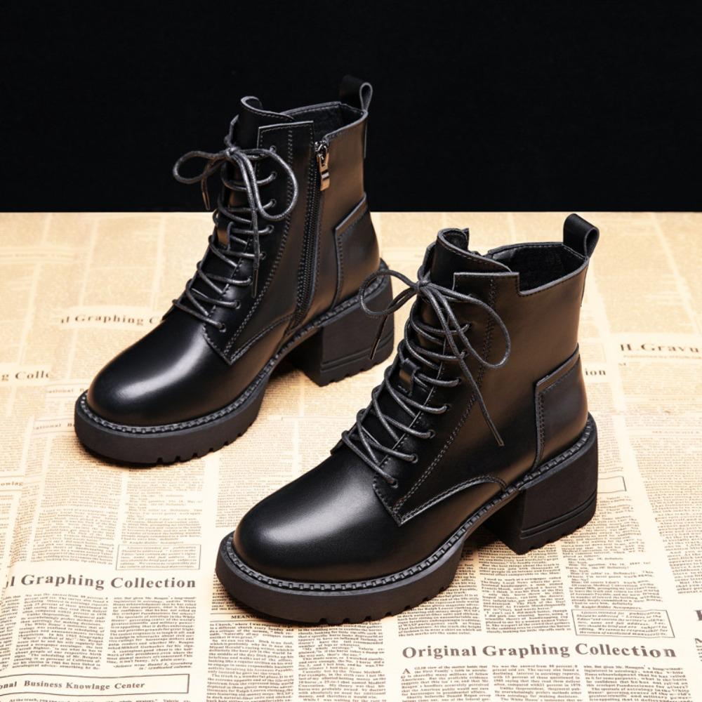 Leather Platform Boots Women'S  New British Style High-Heeled Short Boots Autumn And Winter Velvet Womens Shoes Ankle Bootie