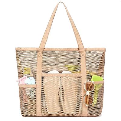 Large Capacity Mesh Beach Tote Bag Women Summer Shoulder Bag Lightweight Travel Shopping Handbag with Multi Pockets