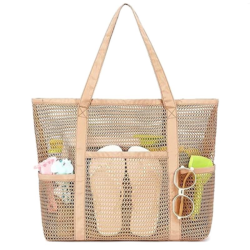 Große Maschen-Strandtasche Damen Sommer Umhängetasche Leichte Reise-Einkaufstasche mit mehreren Taschen
