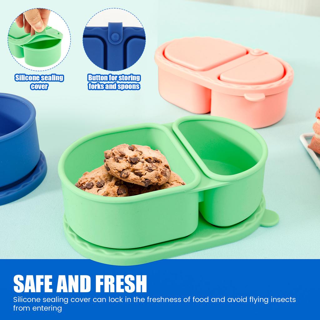 4 Pcs Snack Container Silicone Double Compartment Sauce Container with Lid Collapsible Food Storage Containers Kitchen Accessory