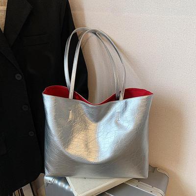 PU Leather Silver Women's Shoulder Bag Simple Design High End Work Commuter Bag Large Capacity Tote Bag with Purse