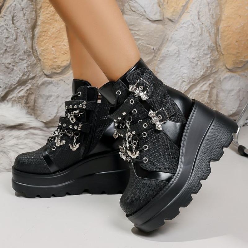 New Thick-soled Women's Boots, Wedge Heels, Belt Buckle Ankle Boots, Women's Shoes