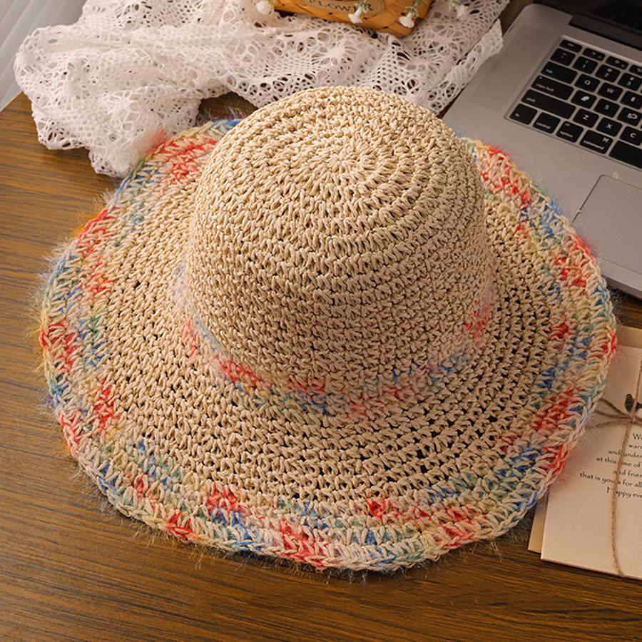

Summer colorful woven straw hat for seaside vacation, breathable hollow out large brim, UV resistant sun hat бежевий