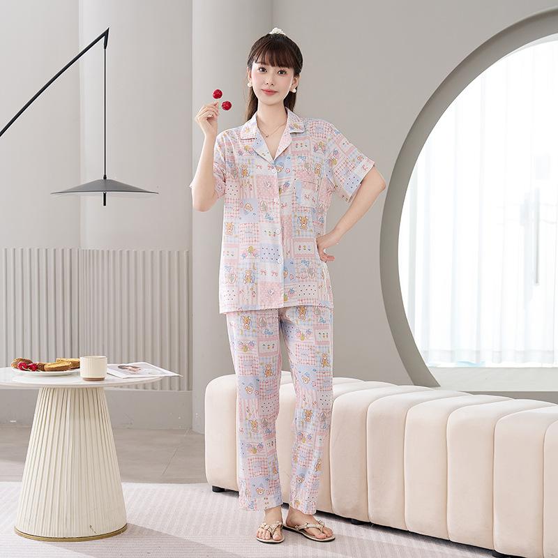 Cotton and silk pajamas women's spring and summer short-sleeved large-size suit spring and autumn thin cartoon printed loungewear