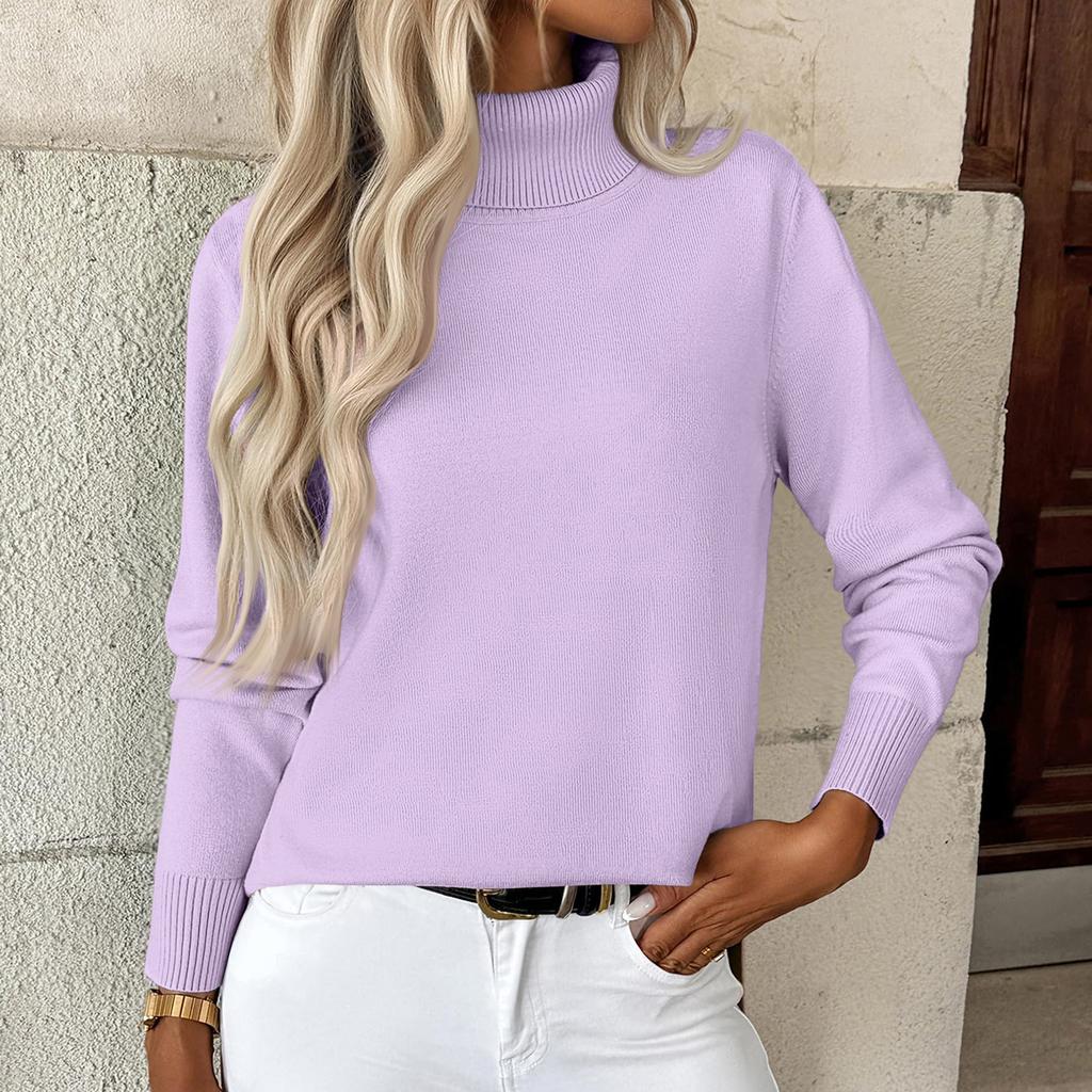 Damen Rollkragen Slim-Fit Langarm Elegant Strickpullover Top