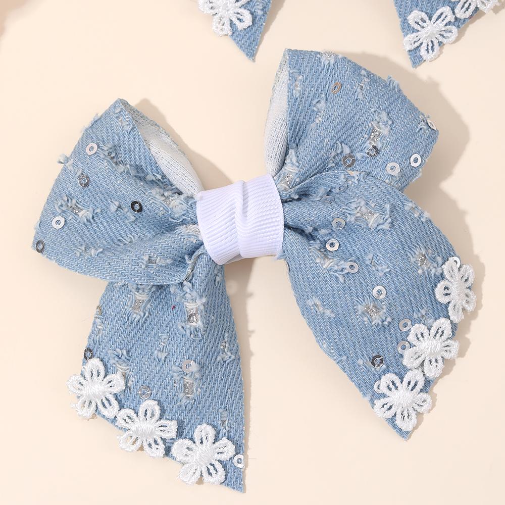 2Pcs Delicate Vintage Denim Bow Hair Clips Lace Floral Sequin Hairpins Fashion Hair Accessories For Girls Party Daily Heawear
