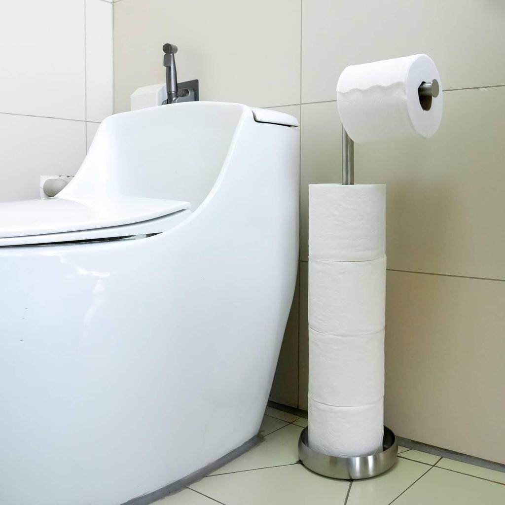 Simpletome Toilet Paper Holder, Freestanding, with Storage, Stable Weighted Base, Bathroom Freestanding Roll Holder (304 Stainless Steel, Brushed Fini