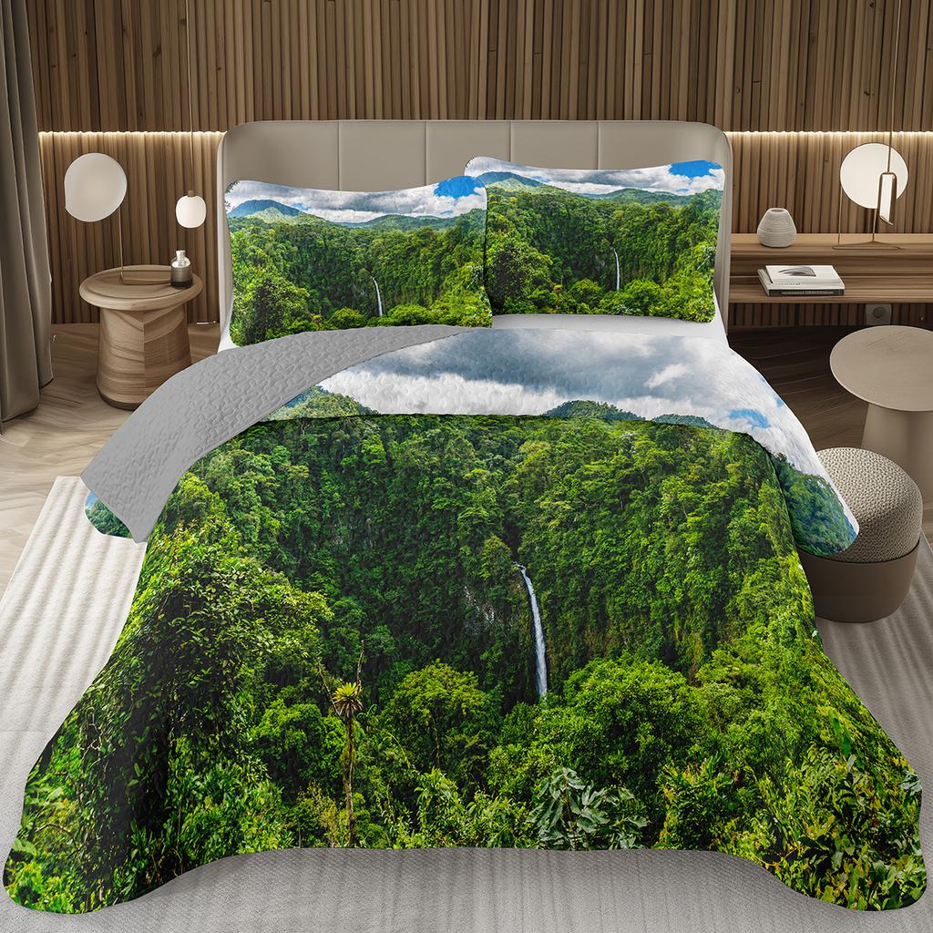 Forest Bedspread King/Full Magical Woodland Jungle Coverlet Set Dreamy Misty Scene Quilted Bedding Set Reversible Grey Bed Cover
