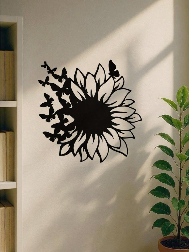 Iron Black Metal Butterfly Wall Art, Sunflower Nature Decor for Living Room & Bedroom