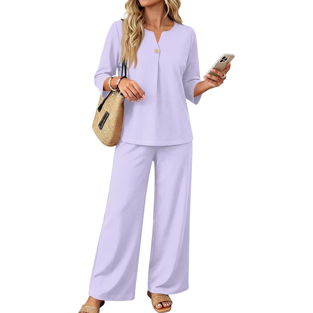 Women's Casual Two-Piece Outfit Set Color 3/4 Sleeve Button Front Top with Wide Leg Pants for Everyday Wear