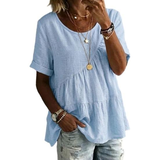 

Женская футболка с круглым вырезом, коротким рукавом, с оборками, вставками, однотонная, свободного кроя, летние повседневные топы S светло-синий