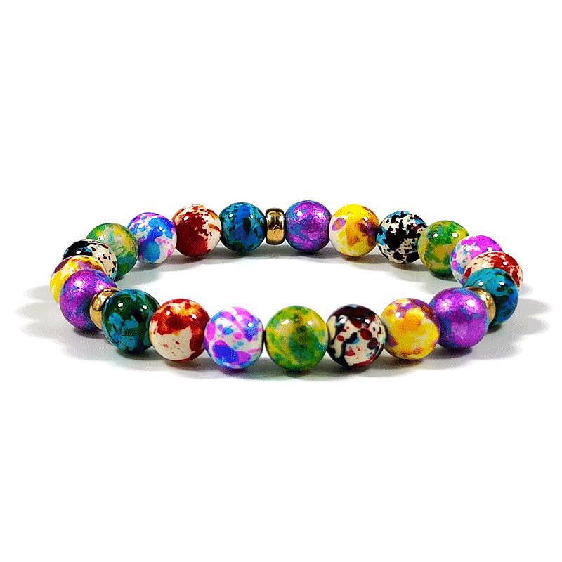 Seven-Color Yoga Energy Balance Bracelet with Volcanic Stone Beads 8mm 17.5-19cm