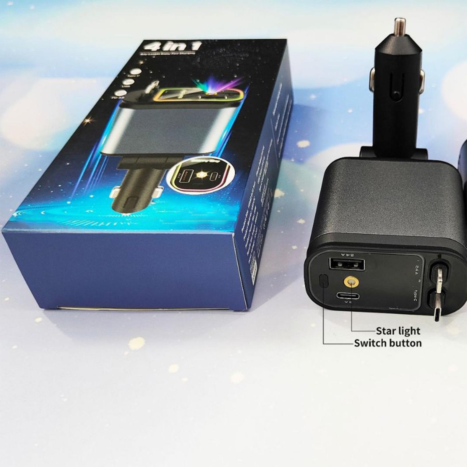 

Атмосферный прожектор автомобильное зарядное устройство супер быстрая зарядка вспышка зарядка выдвижной кабель четыре в одном прикуриватель Type-C+Type-C