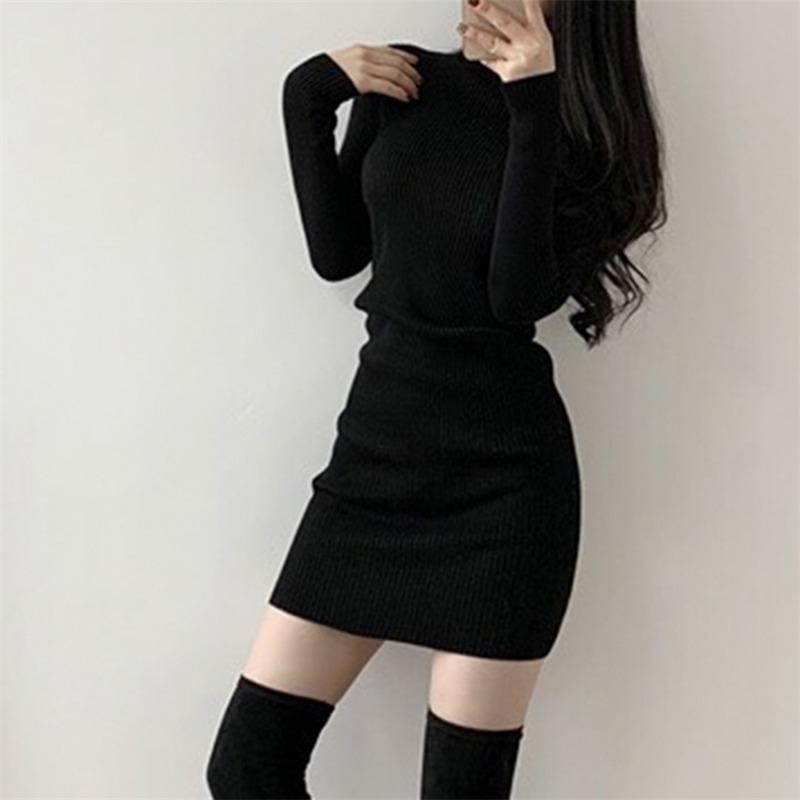 Autumn and Winter Inner Bottom Turtleneck Knitted Sweater Dress Solid Color Elegant Women Hip-wrapped Bodycon Short Party Dresses Fashion Clothing