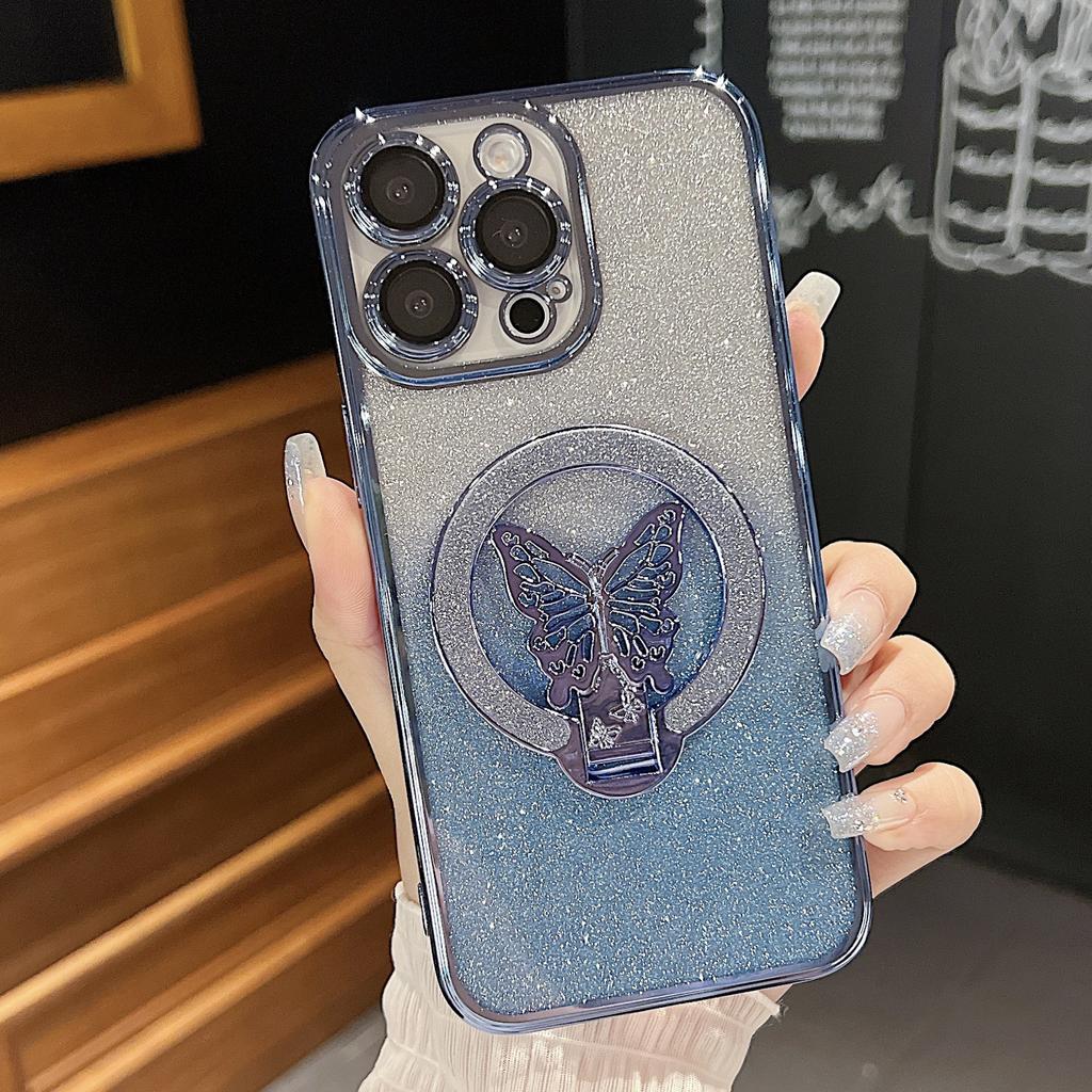 Pour Apple 16 Support Papillon Coque de Téléphone pour IPhone 15 Promax Miroir Plaqué Dégradé Poudre Scintillante 14 Coque Dure