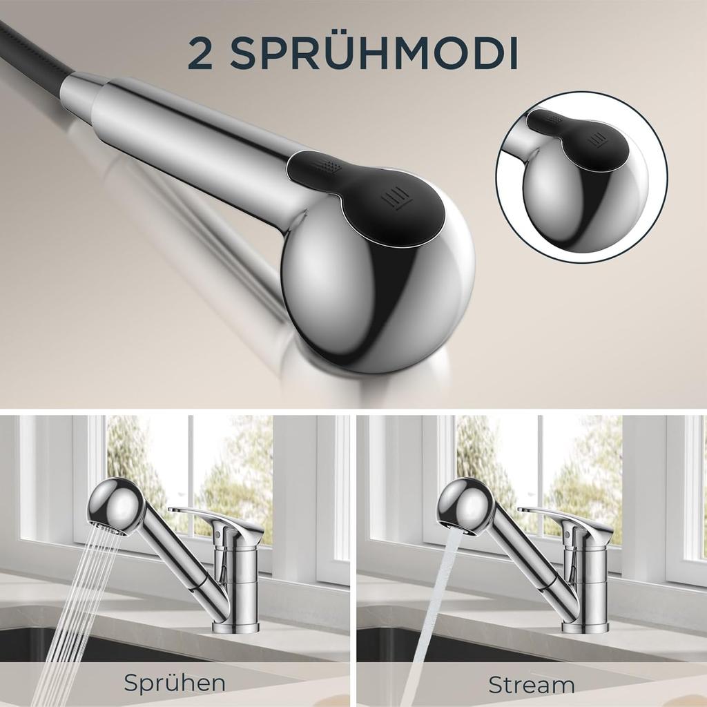 Kitchen Faucet Polished Chrome, Stainless Steel Sink Fittings with Shower, Single Lever Mixer Kitchen Fittings, 360° Rotatable Mixer Battery Kitchen