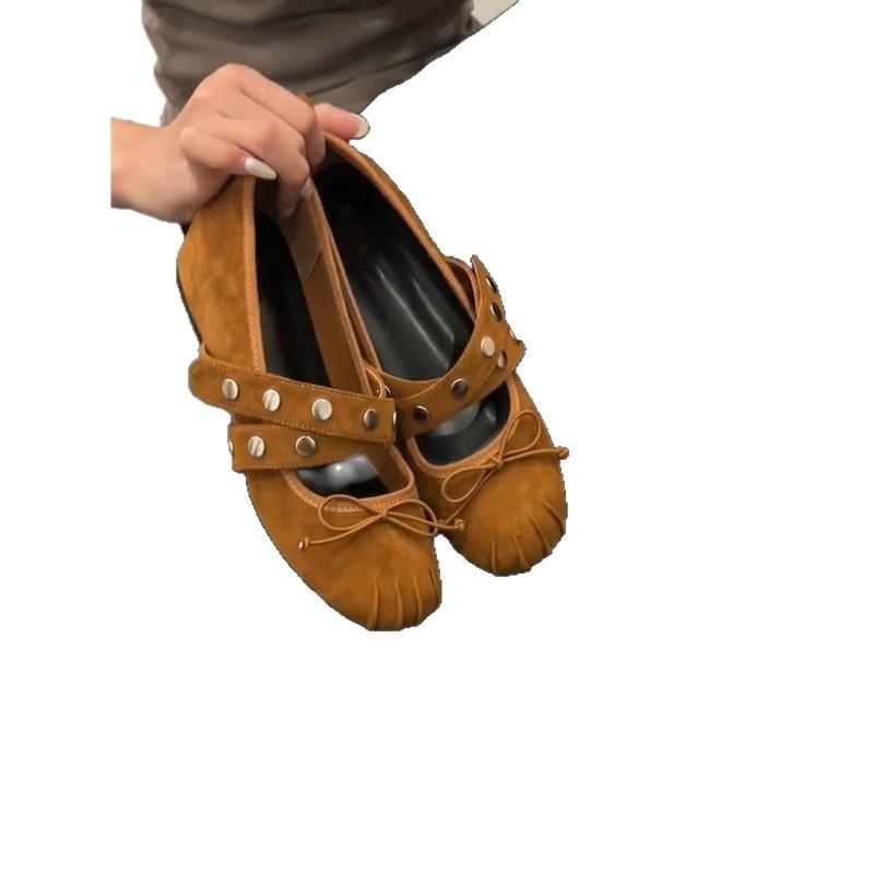 Sheepskin~ Genuine leather French bow flat bottom inner height increase 5cm shallow mouth single shoes women's rivets cross belt Mary Jane shoes