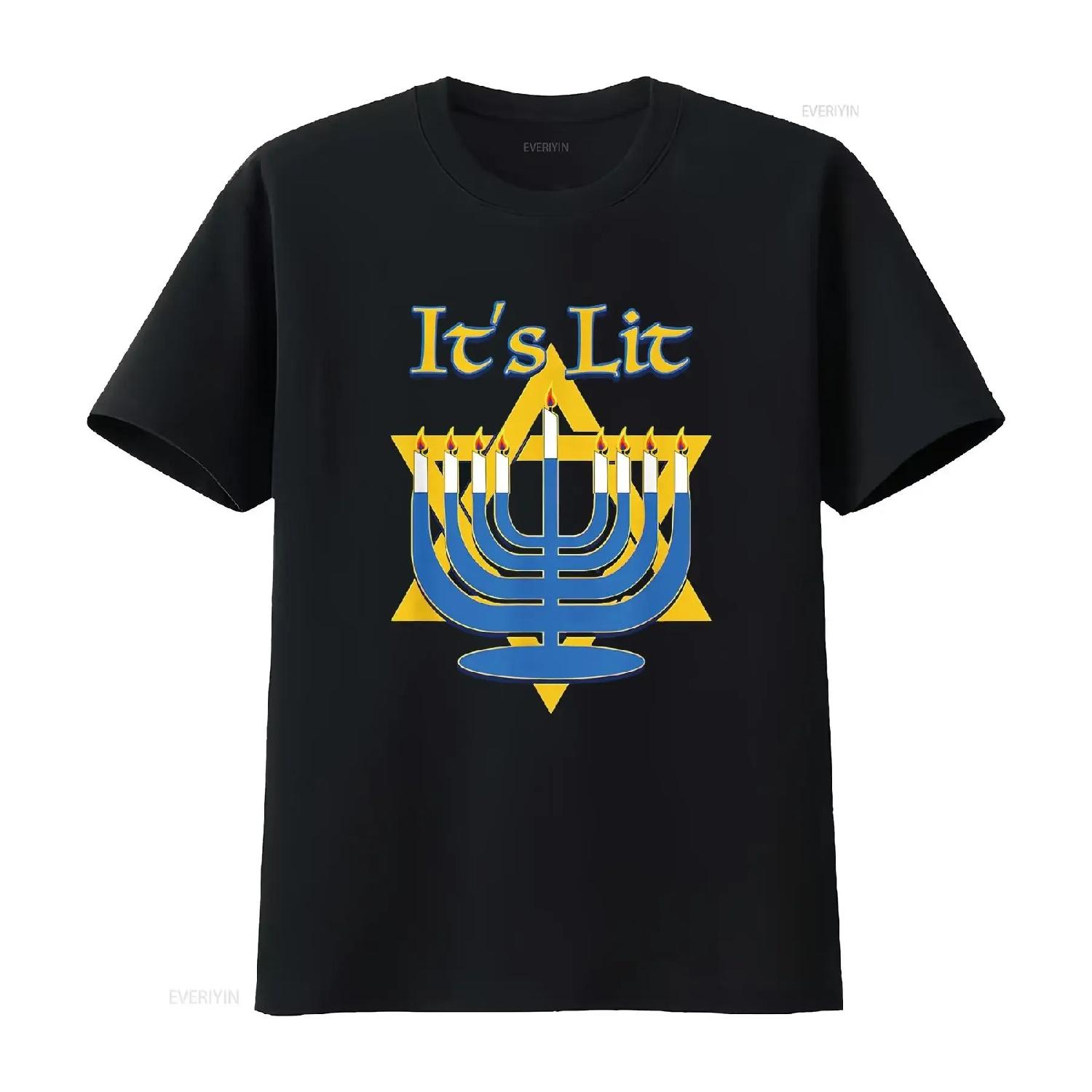 Mens It s Lit Hanukkah Jewish Holiday Chanukah T Shirt Black 2X Large vintage Washed designer clothes Casual Comfortable S чёрный