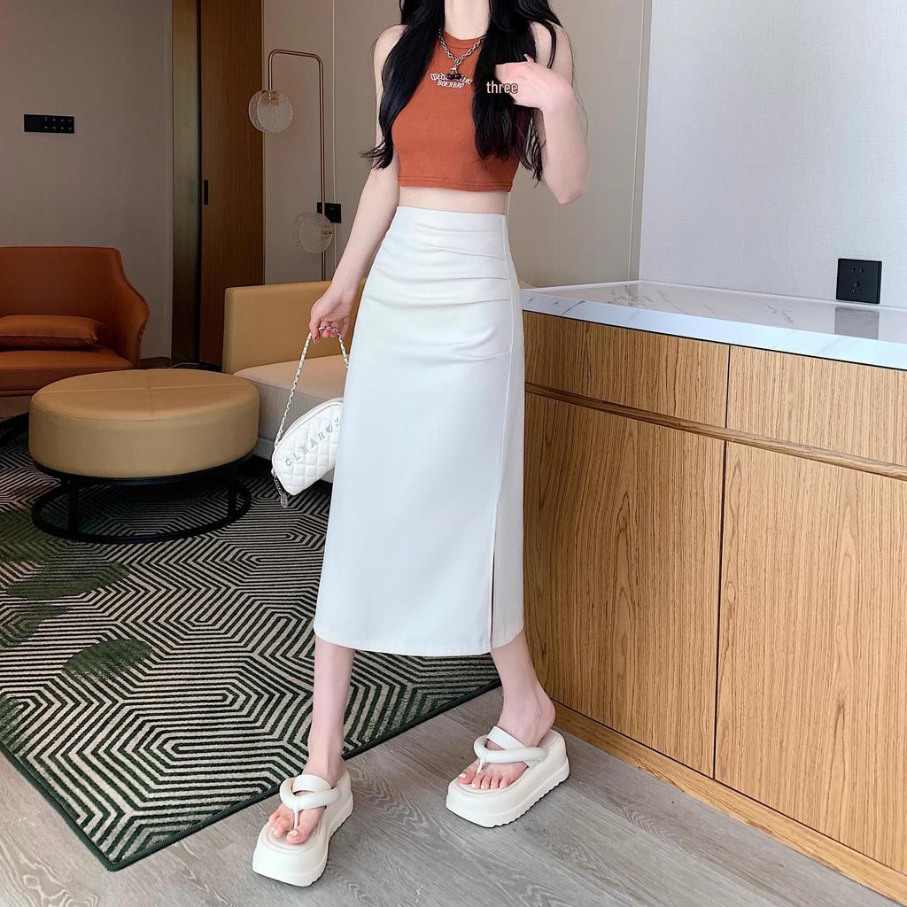 Gefalteter High-Waist A-Linien Bodycon Midi-Rock mit Schlitz für Damen 2025