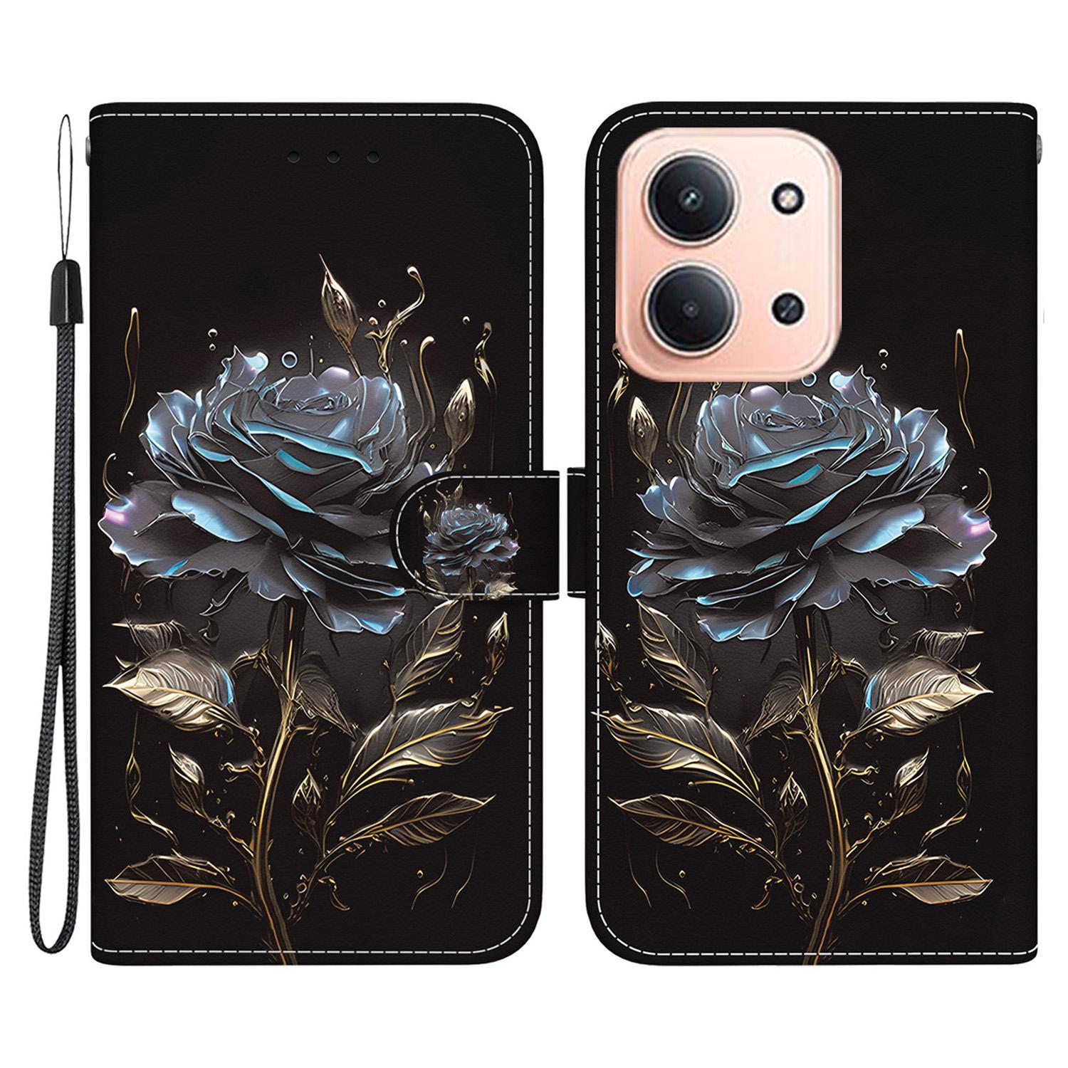 

Для Xiaomi Redmi 15C 5G (Європа) (173 мм)/15C 4G (Європа) (173 мм) Гаманець Чохол для телефону З друком візерунка Шкіряна відкидна кришка з ремінцем Black Rose