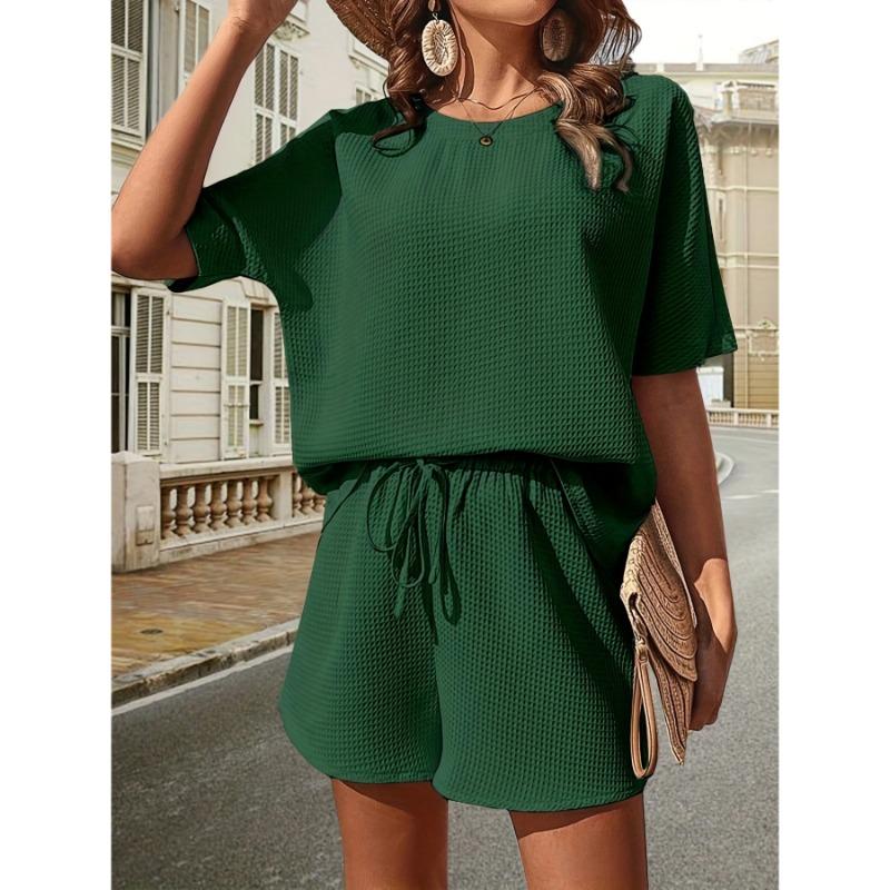 Conjunto de duas peças de waffle sólido, gola redonda, manga curta e shorts com cordão, roupas femininas