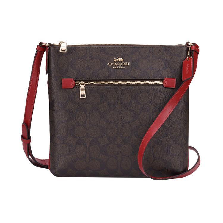 New COACH Rowan Canvas With Leather Document Bag, Crossbody Bag, Shoulder Bag Medium Women's Dark Brown & Red C1554-IMRVQ