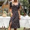 YYFS Dámská móda Léto Jaro Květinový potisk Neformální šaty s krátkým rukávem a výstřihem do V s vysokým pasem