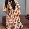 Korean Floral Bunny Christmas Summer Pajama Set - Striped Short-Sleeve Top & Shorts for Women
