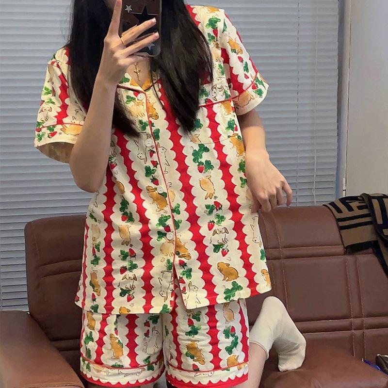 Korean Floral Bunny Christmas Summer Pajama Set - Striped Short-Sleeve Top & Shorts for Women