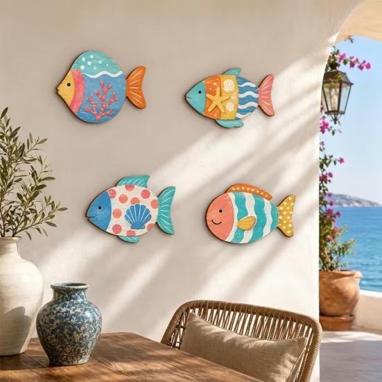 Seaside Bathroom Wall Art 4PCS Aspen Wood Fish Decor, Colorful Hanging Handcrafted Set Art, Beach Theme Decorative Plaques for Living Room Nautical