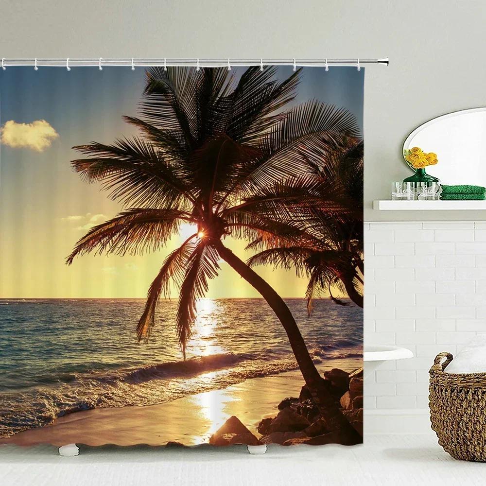 Seascape Beach Shower Curtains Bathroom Shower Curtain 3D Fabric Curtain Waterproof Curtain Easy To Install, Smooth and Silent