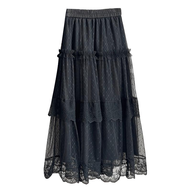 French Lace Edge Splicing Mesh Skirt Women's Spring New Sweet Wind High Waist A Word Medium and Long Cake Skirt