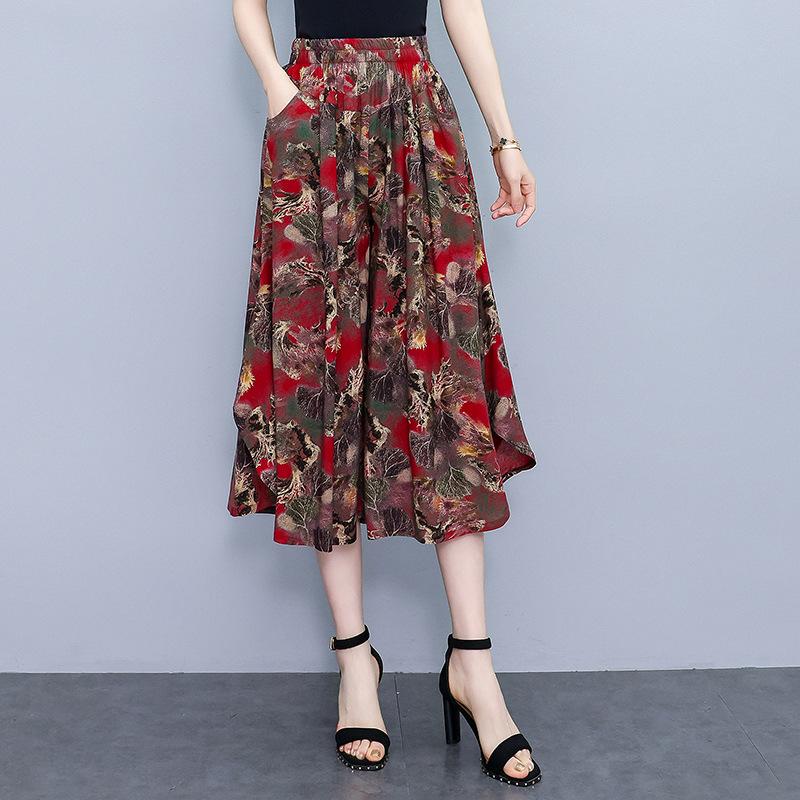 Women's Floral Cotton Silk Wide-Leg Skirt Pants - Summer Casual Elastic Waist, Plus Size, Lightweight Seven-Point Length.