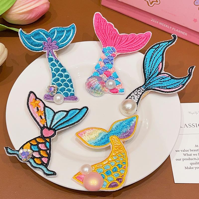 Girls New Side Clip Children's Sweet Bangs Clip Girl Baby Cute Embroidered Mermaid Style Line Up Performance Hair Card Headwear