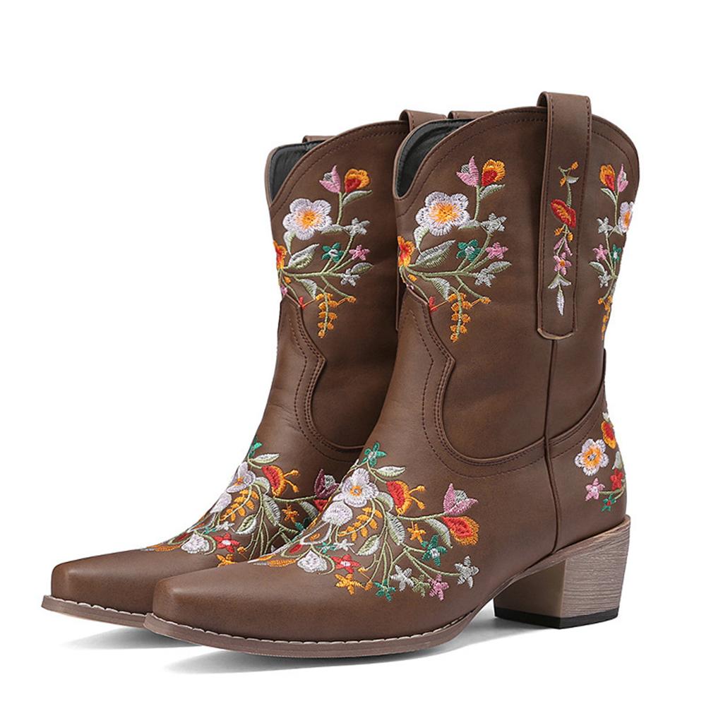 Klumpete Hæl Spiss Tå Dame Boots Retro Medium Hæl Yttertøy Broderi Bred Legg Over Kneet Støvler for Kvinner Skinn