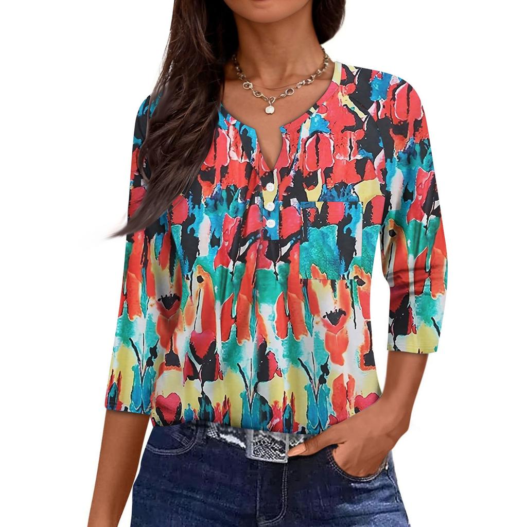 Dámská Ležérní Módní Výstřih do V Volná Univerzální Květinový Potisk Tříčtvrteční Rukávy