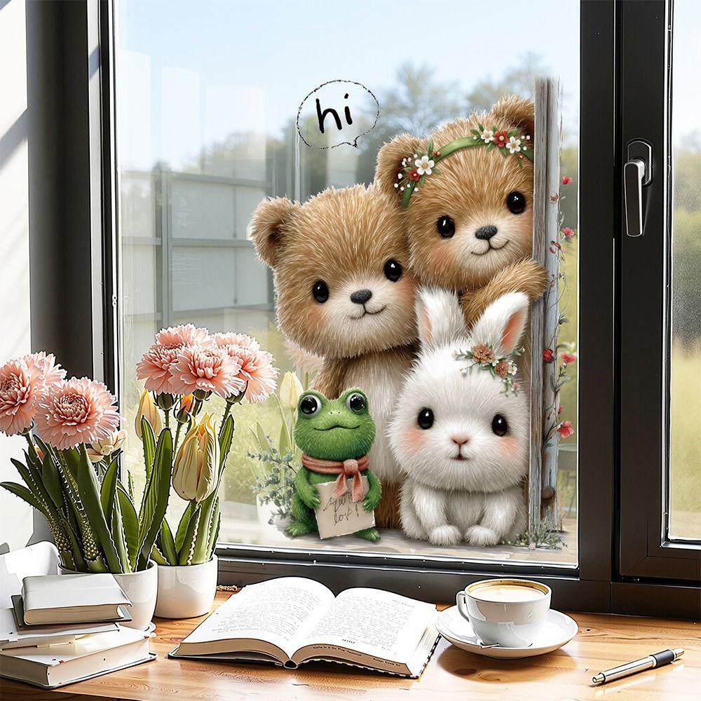 Cartoon Animal Decorative Sticker Bear Rabbit Frog Electrostatic Decals Static Stickers Glass Door