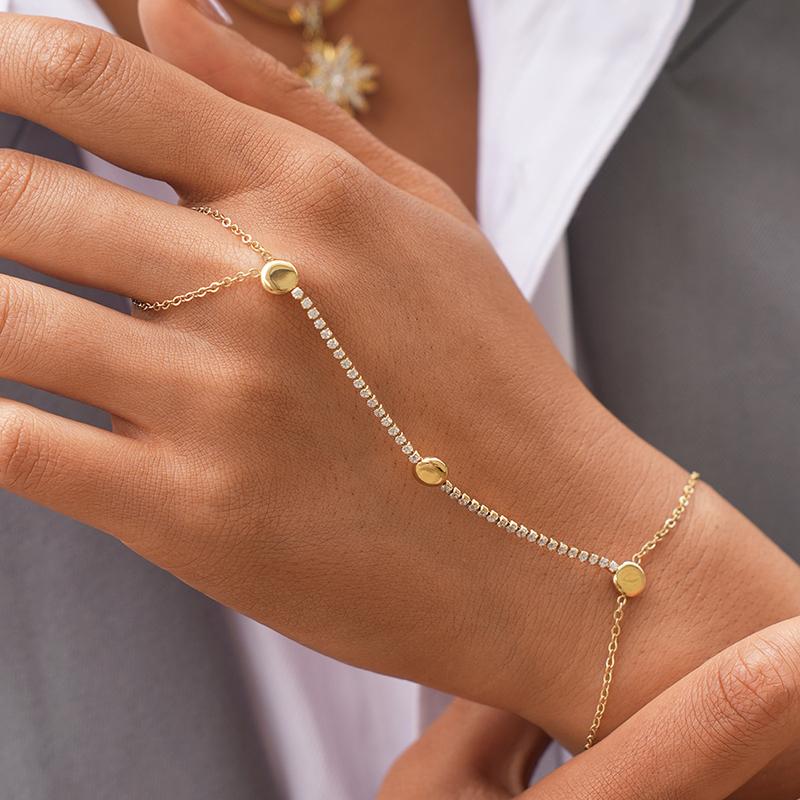 Stainless Steel Round Ball Connecting Finger Bracelet for Women Luxury Shiny Zircon Beads Not Fade Hand Chain Waterproof Jewelry