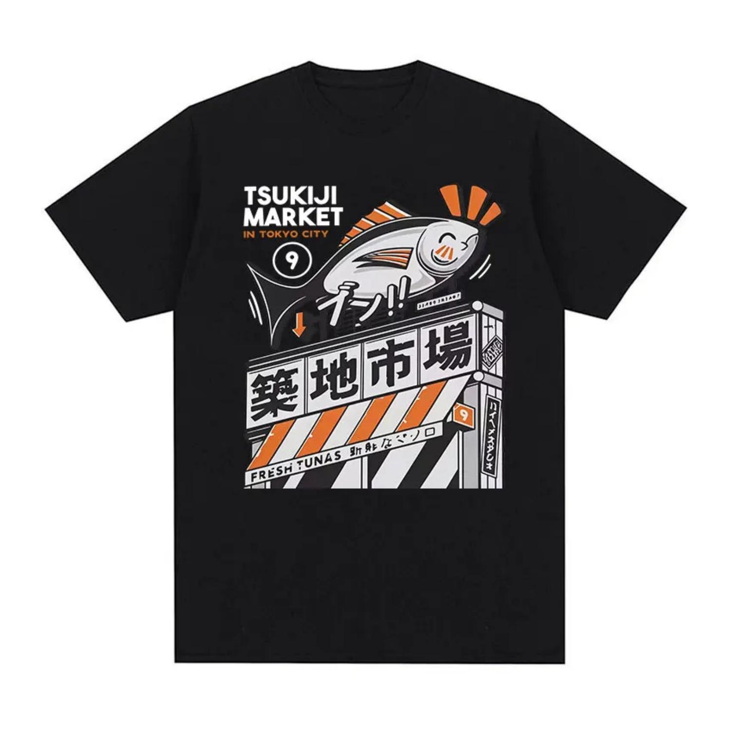 Japanese Fish Tsukiji Market Funny Meme T Shirt Men s High Quality Oversized Cotton T-shirts Harajuku Vintage T-shirt Streetwear S