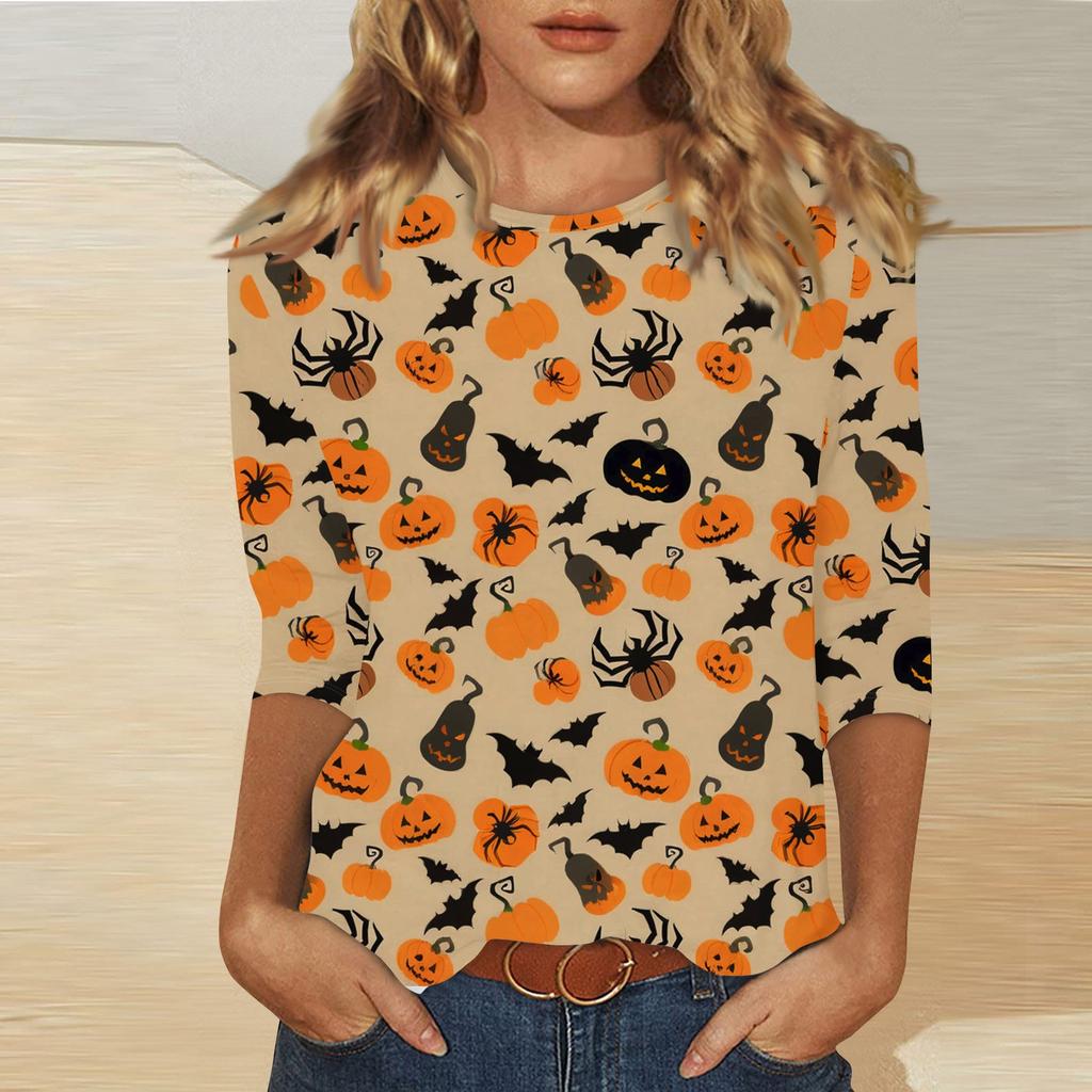 Women's Fashion Casual Three-quarter Sleeve Halloween Printed Round Neck Top