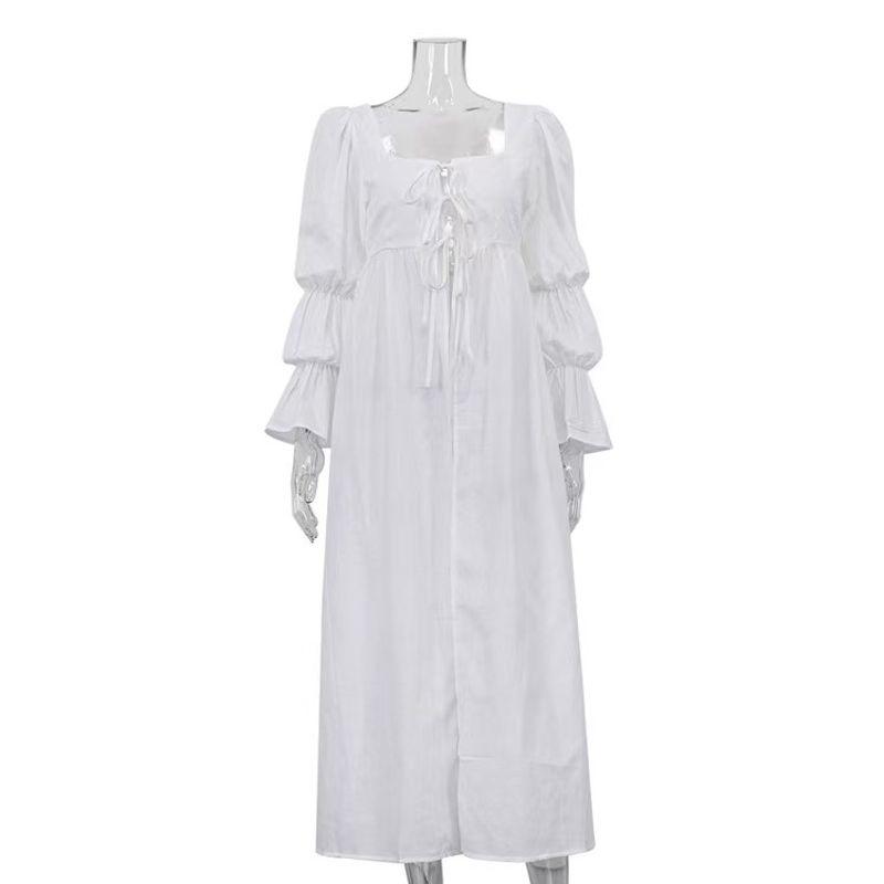 

Fashion Style French Style Flare Sleeve Tie-Neck Square Collar Cardigan Long Dress Cardigan Lace up Dress White L