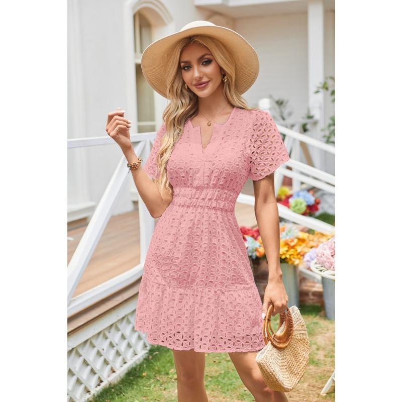 Mode Kurzarm Casual Frauen Spitzenkleid Sommer Neue Elegante Aushöhlen Sexy Kleid Frau V-ausschnitt A-linie Vintage Solide Mini Kleider 1075