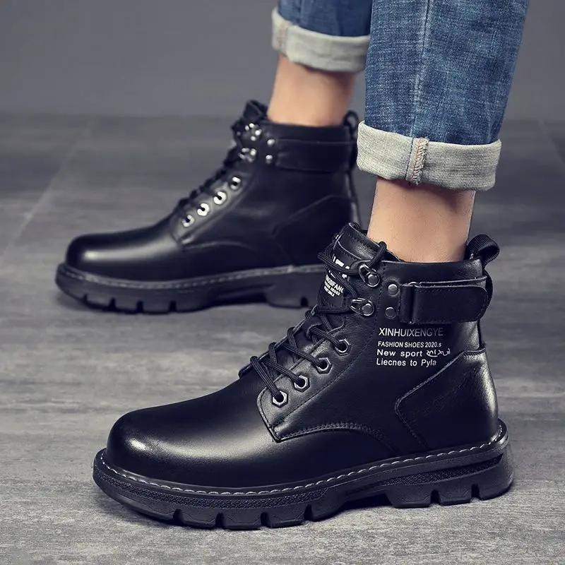 Fashion Women's Boots Men's Boots Spring Autumn High Top Safety Boots Man Shoes Black Motorcycle Casual Leather Shoes Men Botas Botines
