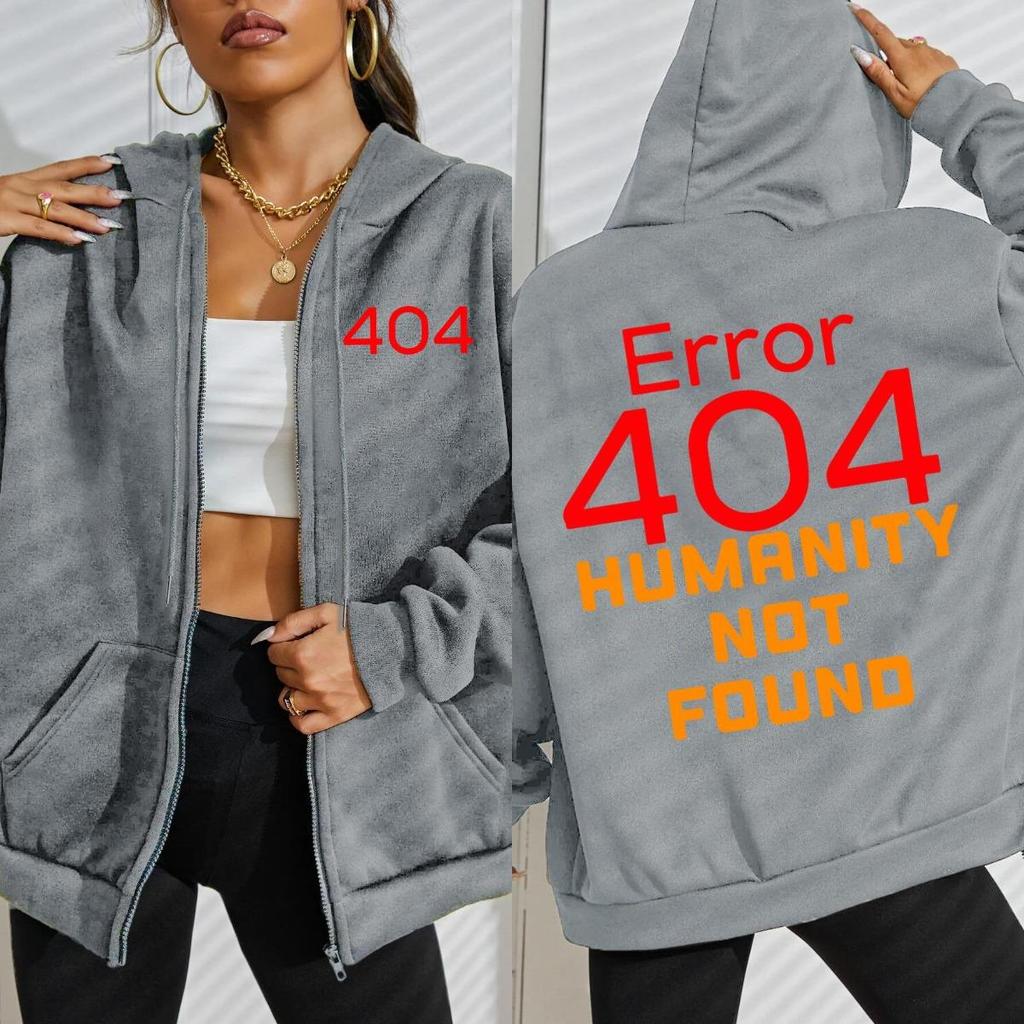 Fehler 404 Menschlichkeit nicht gefunden Design Reißverschluss-Hoodies Damenmode Weicher Hoodie Herbst Übergröße Sportbekleidung Locker