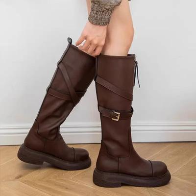 Moda Jesień Zima Skórzane Damskie Buty z Wysoką Cholewką do Kolana Klamra Paska Damskie Długie Kozaki Gotyckie Wodoodporne na Ofercie Praca But New Rock