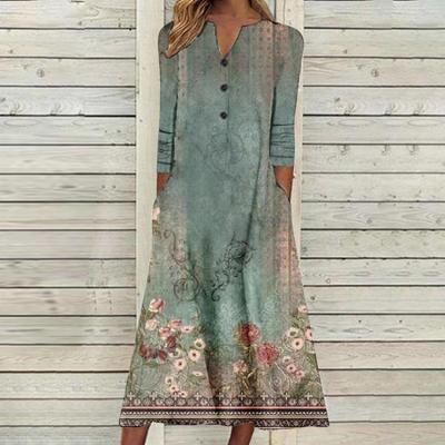 2023 Autumn Women Printed Maxi Dress Long Sleeve Open Chest Skirt Fashion Trendy