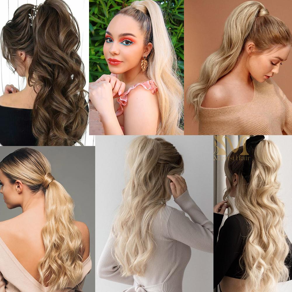 Synthetic 22 Inches Long Wavy Wrap Around Clips In Ponytail Hair Extension Blonde Black Natural Hair Piece KTB